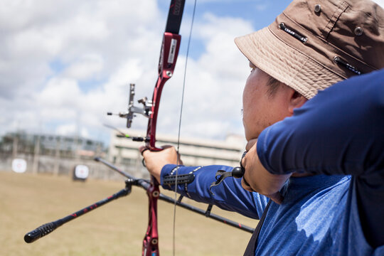 Close-up shot of an Olympic recurve bow being shot	