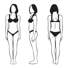 Original name(s): Illustration of normal woman wearing underwear in front, side and back poses. Vector drawing isolated on white background.