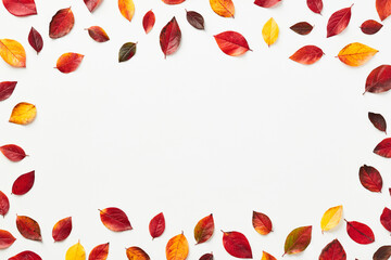 Colorful autumn fall leaves frame on white desk table. Flat lay, top view, copy space.