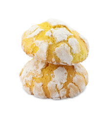 Delicious homemade lemon cookies on white background