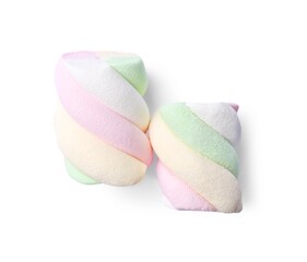 Delicious colorful marshmallows on white background, top view