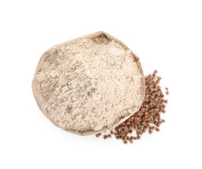 Paper bag with buckwheat flour and grains isolated on white, top view
