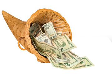 Isolated cornucopia filled with overflowing cash - obrazy, fototapety, plakaty