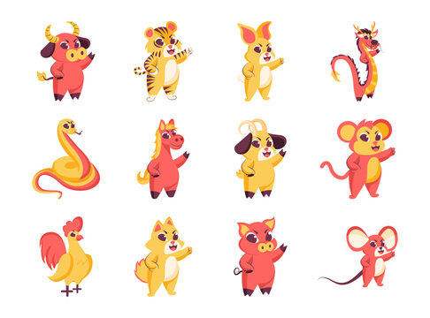 Set of animals baby chinese horoscope vector illustration
