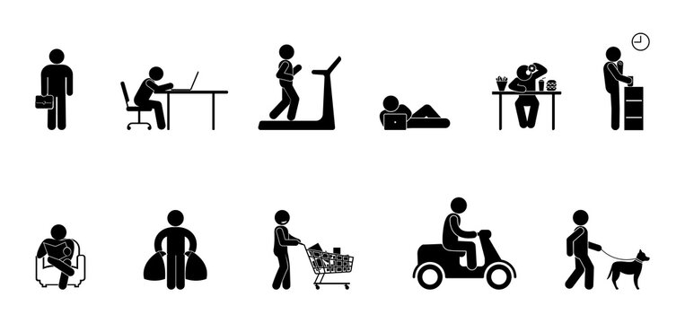 illustration of a person's daily affairs, work, leisure and household chores, stick figure icon man, people doing things