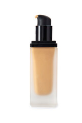 Make-up foundation in a frosted bottle on a white background; copy space