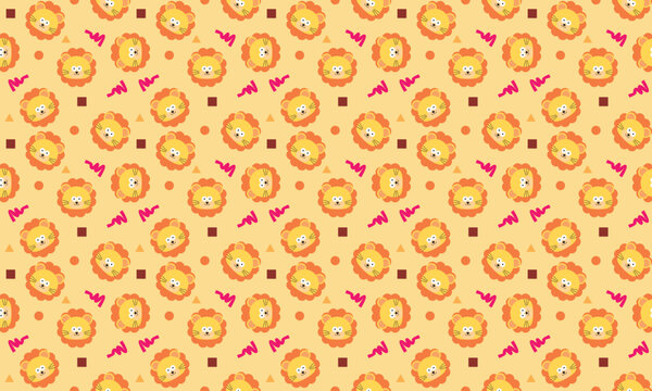 Seamless cute lion head flat pattern with geometric