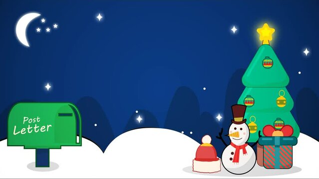 videos Cartoon animation christmas background with rain snow and snowman, gift, and tree night scene separated layers for game and animation
