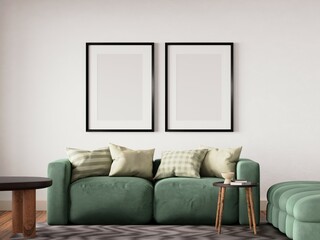 Vertical wood frame mockup in living room interior with window light shadow. 3d rendering, 3d illustration