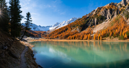Orceyrette Lake in Autumn with golden larch trees in the French Alps. Briancon Region. Hautes-Alpes. France - 541345942
