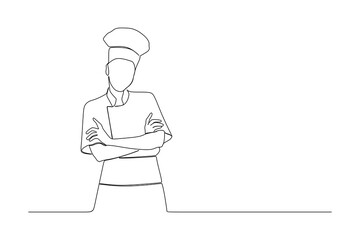 continuous line drawing of beautiful woman in chef  cook uniform with hat