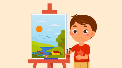 Happy Boy Painting on Canvas. Small creative child presents his picture. Preschool artist creates beautiful paintings with brush and watercolor. Education or hobbies. Cartoon flat vector illustration