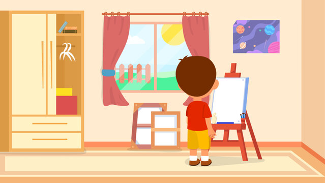 Happy Boy Painting on Canvas. Small preschooler child with brush, palette and paints draws beautiful picture on easel. Young artist. Entertainment or education. Cartoon flat vector illustration
