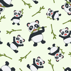 seamless pattern on green background panda and bamboo
