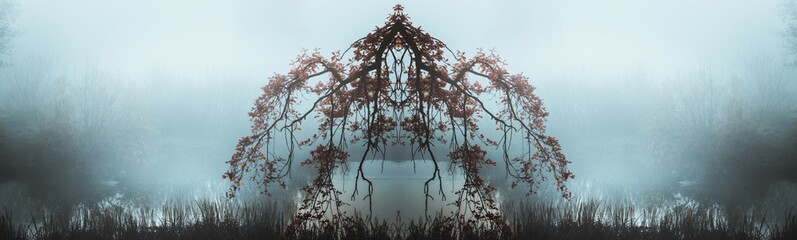 Strangers park. Mysterious fairy forest. Dark fantasy wallpaper. Stranger trees in the mist. Scary atmosphere. Mystical forest in a fog. Dark scary park with leaves.
