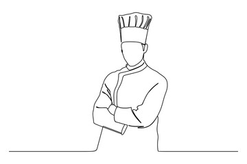 hand drawn one line art cheerful young cook in uniform