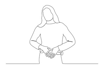 continuous line drawing of young teenager woman with stomachache