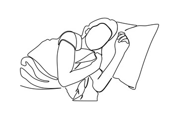 continuous line drawing of sleeping young woman lies in bed with eyes closed