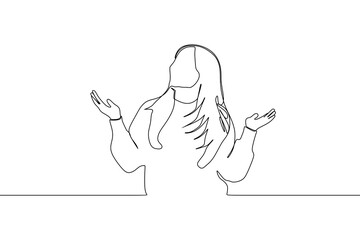Continuous line drawing of Asian excited surprised lady looking a side