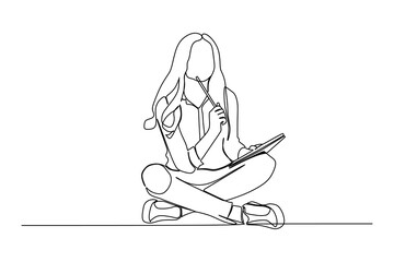 continuous line drawing of portrait of a pensive young girl making notes