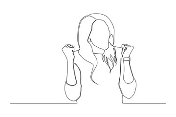 continuous line drawing of Portrait of an excited young woman celebrating success