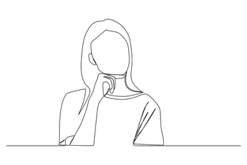 continuous line drawing of thinking woman standing isolated