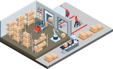 3D isometric Warehouse Logistic concept with Workers loading products on the trucks, Transportation operation service, Export, Import, forklift, pallets, cardboard boxes. Clipart Transparent PNG