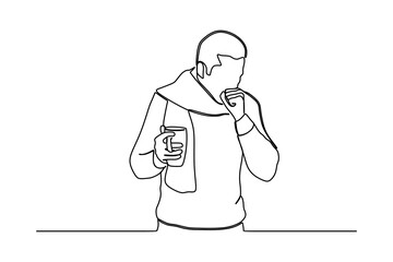 continuous line drawing of sick man in sweater and scarf holding cup of tea while coughing