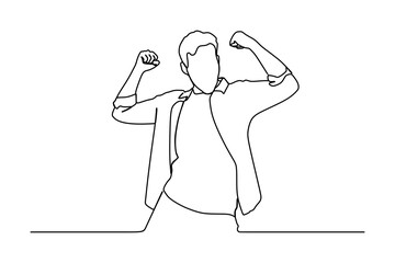 continuous line drawing a satisfied young man celebrating success