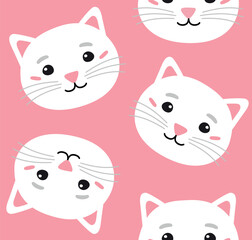 Vector seamless pattern of hand drawn flat cat face isolated on pink background