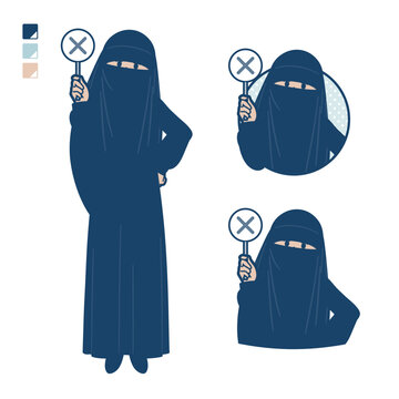 ニカブを着たイスラム教徒の女性がバツ印パネルを出すイラスト