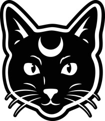 Black cat face with moon forehead vector clip art illustration. witch spiritual graphic.