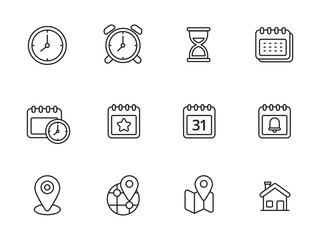 Set of time and location icons with linear style isolated on white background
