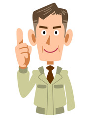 人差し指を立てて説明する作業着を着た年配男性の上半身
