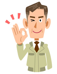 OKのサインを出す作業着を着た年配男性の上半身
