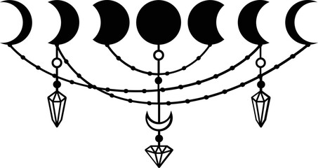 Moon phases line with chains and jewels hanging from them.