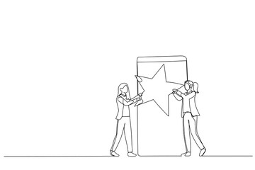 Illustration of businesswoman are holding a gold star in hands. One line art style