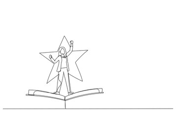 Drawing of businesswoman standing on flying book on star. Single line art style