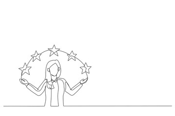 Drawing of businesswoman points to the stars. Metaphor for good customer review. Single line art style