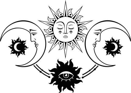 Combination of sun with face, moon with face astrology design.