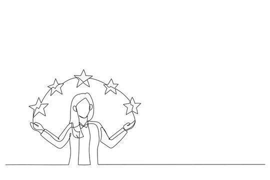 Drawing of businesswoman points to the stars. Metaphor for good customer review. Single line art style