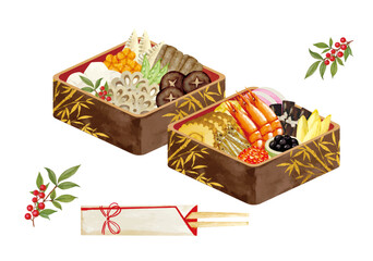 水彩で描いた美味しそうな重箱に入ったおせち料理