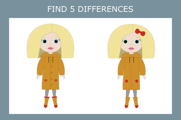 Educational game for children. Find in the row all the differences in girls that are different from others, and circle them