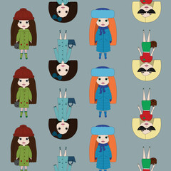 Cute little girls dressed for different seasons on a gray background. Girlish background. Perfect for little girl design