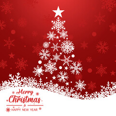 Christmas and New Years red background with snowfake shape christmas tree. Holiday card with lettering and decoration, illustration.