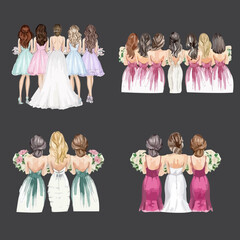 Set of hand drawn Brides and Bridesmaids with beautiful hairstyle flower watercolor illustration - obrazy, fototapety, plakaty