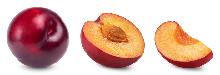 Plum isolated. Ripe red plum, plum half and slice isolated on white background. Fresh fruits.