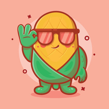 cool corn character mascot with ok sign hand gesture isolated cartoon in flat style design