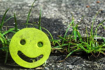 Happy face rubber cut-out on the rough floor and leaning against the green grass