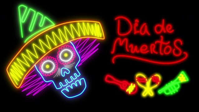 Skull in a sombrero Neon animation and inscription Dia de Muertos on a black screen. Musician to the Day of the Dead in 4k with alpha channel. Futuristic stock animation in looped motion.